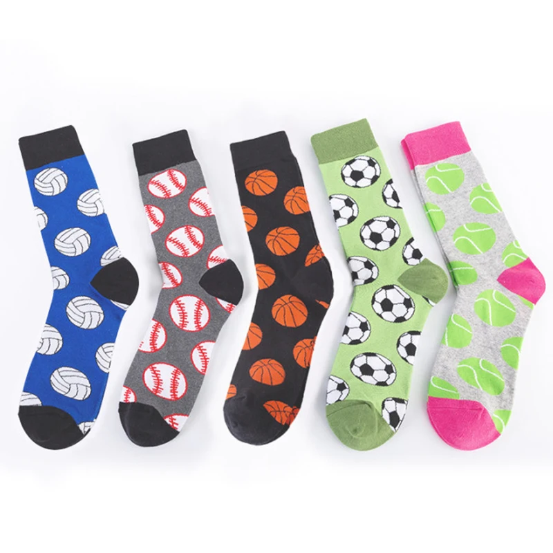 Colorful Men\'s Basketball Soccer Tennis Sports Ball Pattern Happy Wedding Socks Funny Causal Cotton Crew Chaussettes Homme