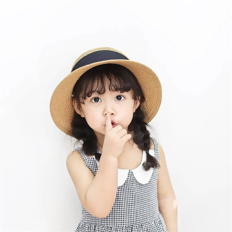 Spring Summer Children Baby Girl Straw Plaited Bucket Hat Beach Holiday Round Top Outdoor Bow Sun Block Hat Cap for Kids Girls