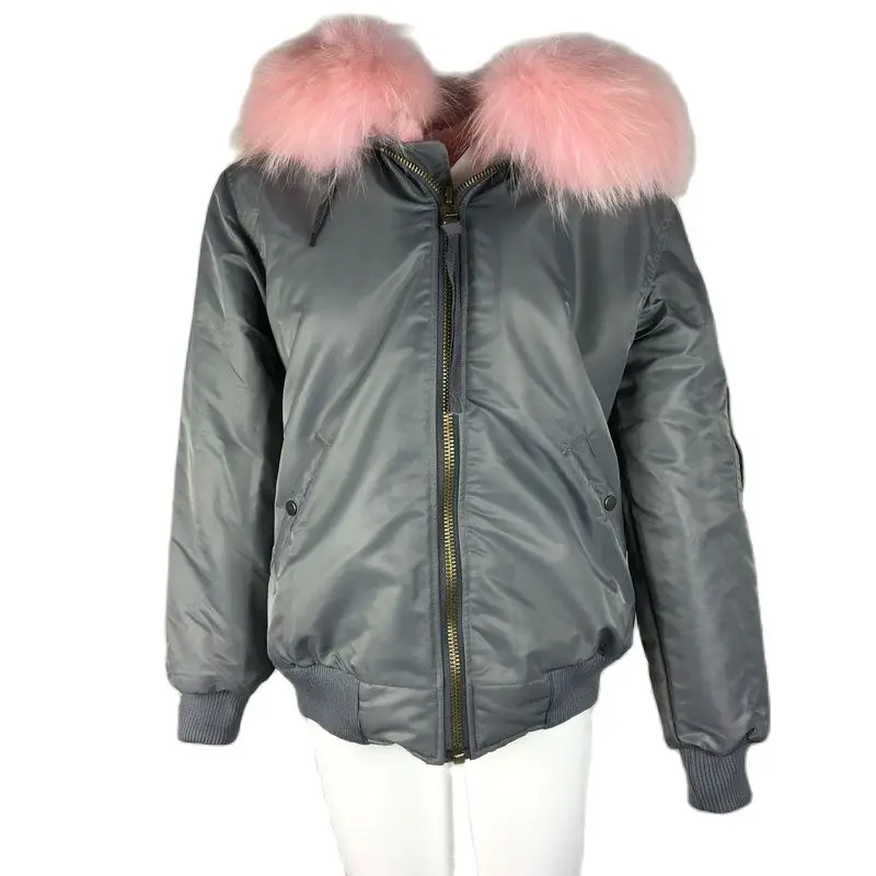 Grey Bomber Fashion Style Mrs Light Pink Thickness Fur Lined Waterproof Fur Bombers Fur Wear