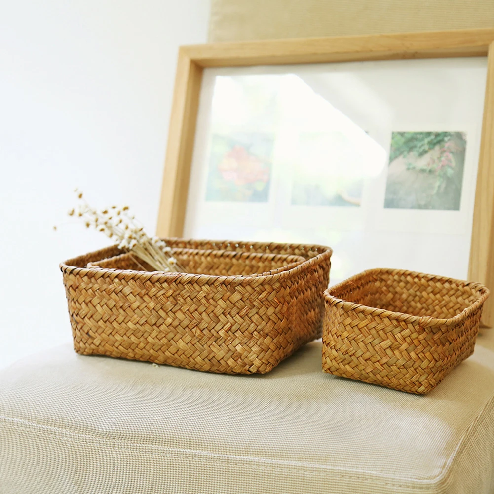 

Weaving Storage Basket Rattan Fruit Storage Box Handmade Tea Holder Seagrass Picnic Basket Wickerwork Cosmetics Organizer