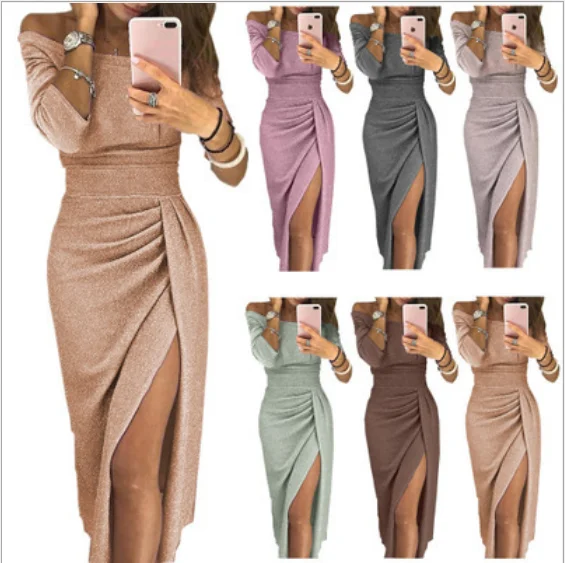 

Sequins Oblique Shoulder Women's Dresses A-line High Waist Split Pink Female Dress Elegant Office Lady Wedding Party Clothes New