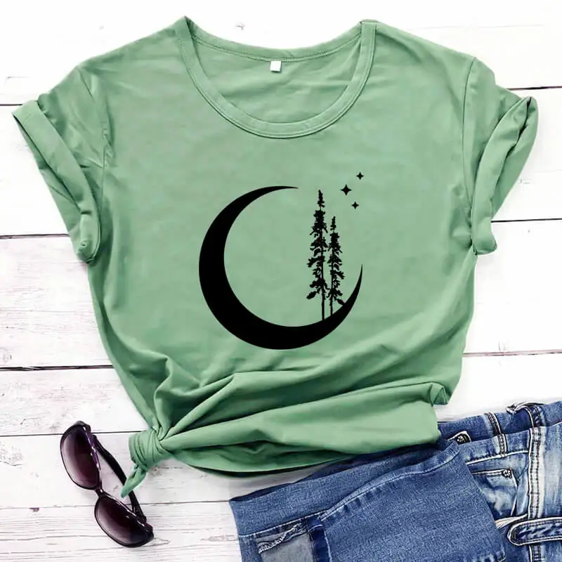 

Crescent Moon Shirt Moon Graphic Printed Funny 100%Cotton T-shirt Nature Lover Shirts Nature Shirt Forest at Night