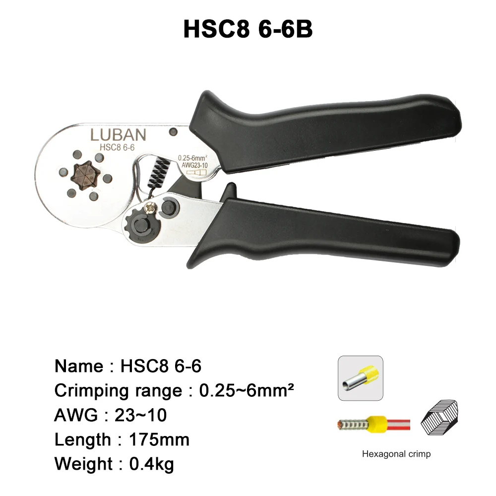 Pince à Sertir HSC8 6-6B HSC8 6-Snapauto-ajustable, Bornes de 0.25 à 6 mm2, Outils de Sertissage Multi-marque Supérieure HSC8 6-6 23-10AWG