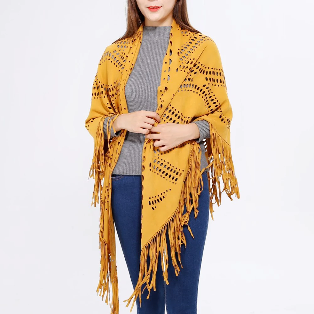 2024 Fashion Summer Hollow scialle da donna con mantella Poncho aperto elegante nappa in pelle scamosciata Retro Simple Wrap Dropshipping