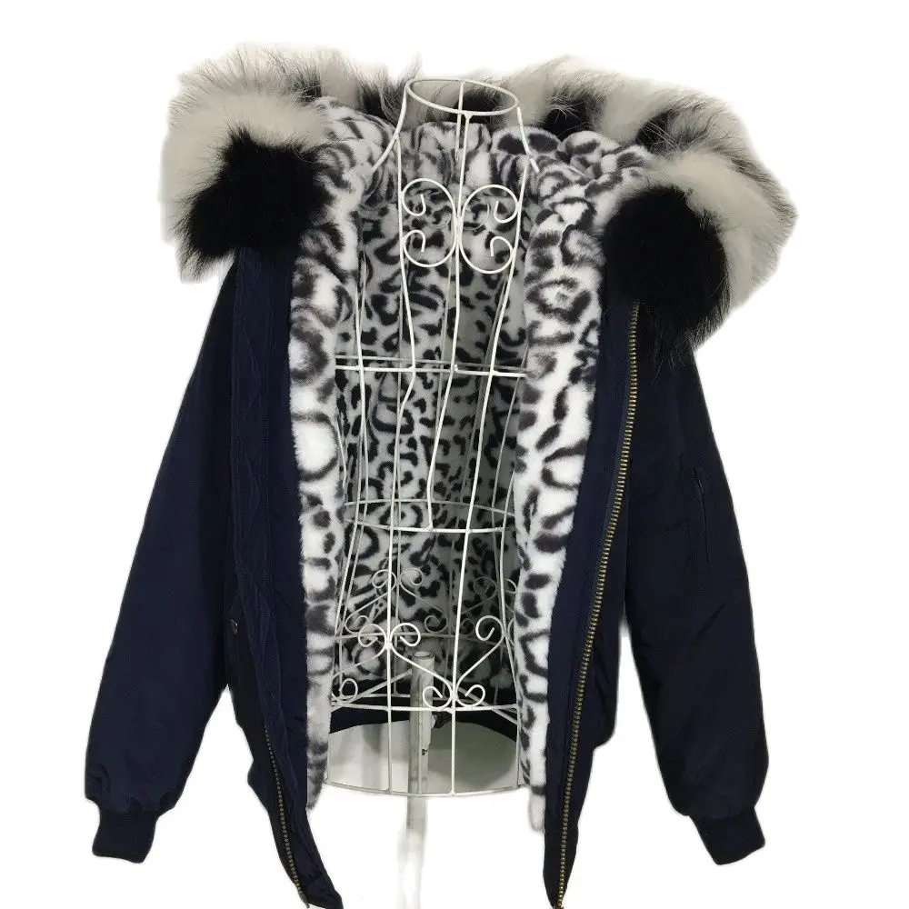 Navy Windproof Women Coats Winter Bomber Fur Jacket Zipper Hooded White Leopard Fur Coat