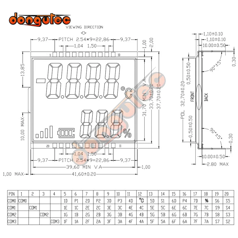 Panel LCD de 20 pines TN con segmento positivo de 7 dígitos, pantalla LCD de temperatura y humedad, retroiluminación blanca, amarilla, verde y azul