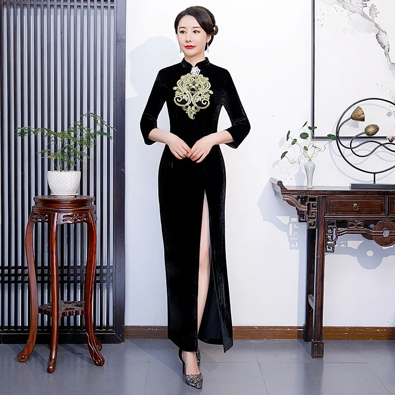 

Novelty Women New Chinese Style Mandarin Collar Velour Qipao Wedding Evening Party Dress Vintage Slim Long Fork Cheongsam