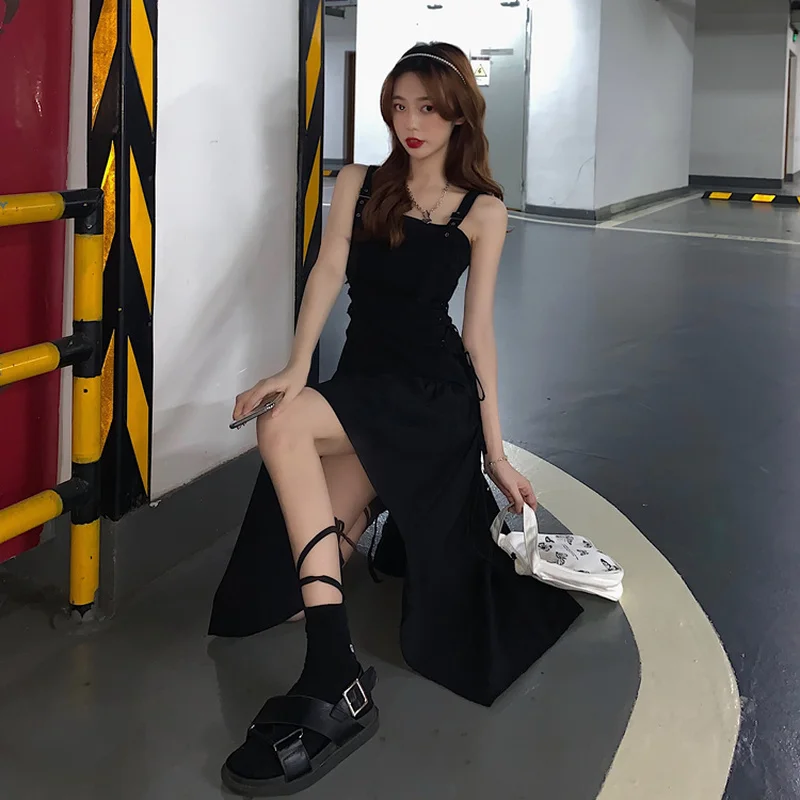 Streetwear Women Dress Fashion Summer Asymmetrical Sleeveless Sundress Lace-up Vintage Black Solid College Harajuku Chic Girls
