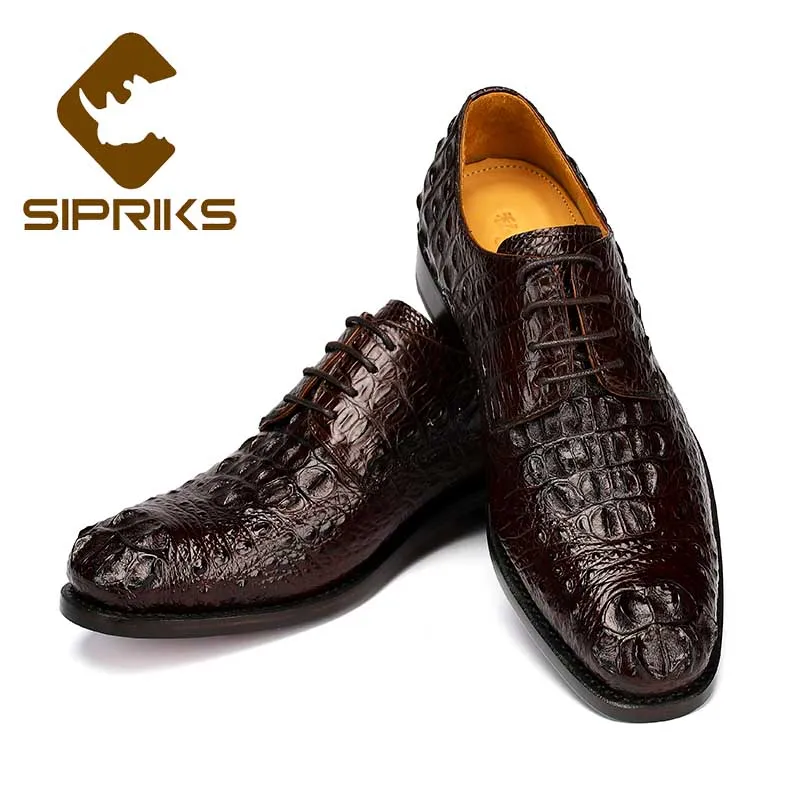 Sipriks Mens Crocodile Skin Leather Shoes Burgundy Lacing Derby Dress Shoes Dark Brown Outdoor Footwear Leather Outsole Shoes 45