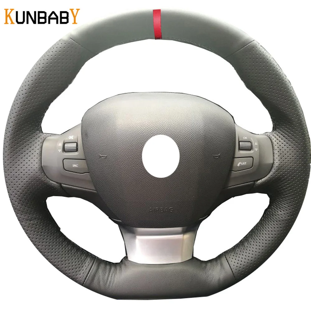 

KUNBABY Car Styling Black Red Genuine leather Car Steering Wheel Cover Red Color Marker on Top for Peugeot 308 2016 2017