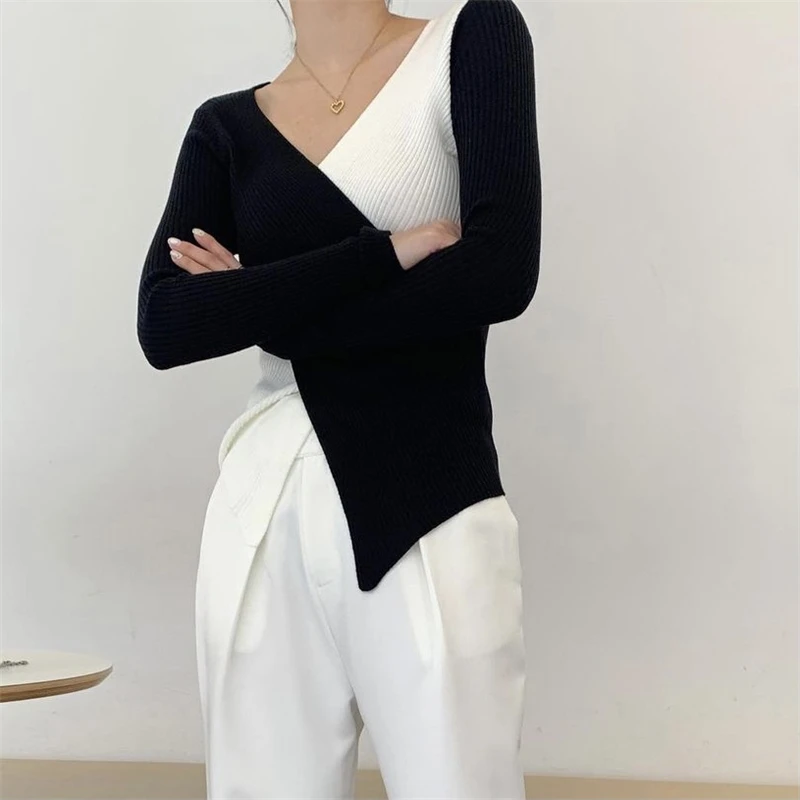 CHEERART Black And White Patchwork Knit Top Korean Fashion Wrap V Neck Ribbed Top Knitted Blouse Ladies Tops 2021 Spring