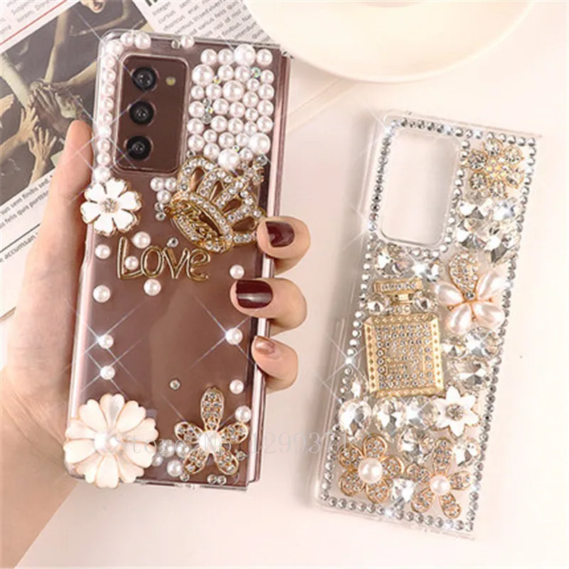 Luxury Fashion DIY Flower Crown Perfume Bottle Full Bling Crystal Diamond Case Cover For Samsung Galaxy Z Fold 6 5 4 2 3 5G