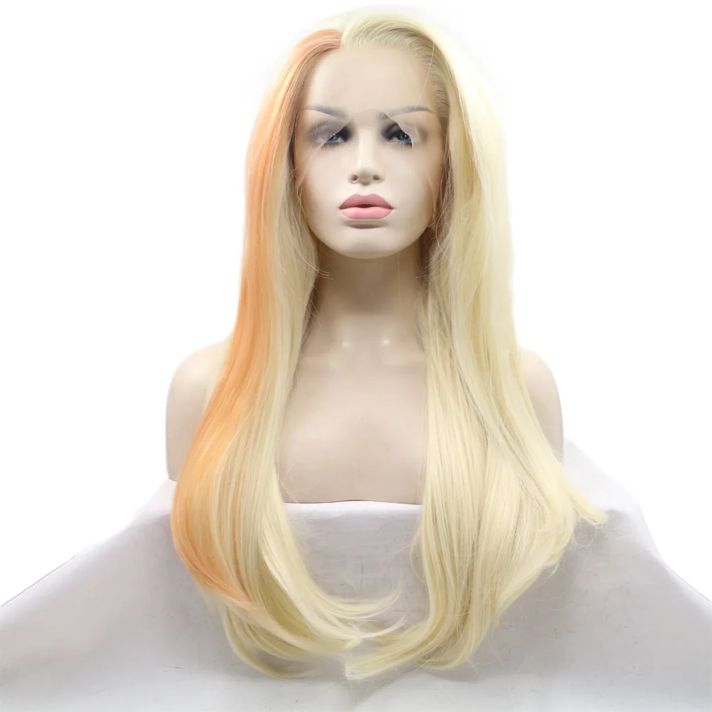 613 Blonde Mix Orange Synthetic Lace Front Wig for Women Long Straight Platinum Blonde Soft Hair Daily Makeup Lace Wigs 24 Inch