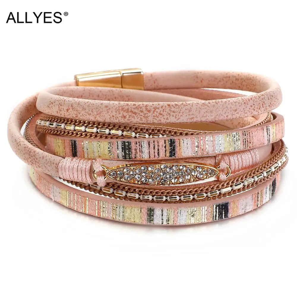 ALLYES Simple Stripe Leather Bracelet for Women Men Bohemian Natural Stone Charm Crystal Wrap Bracelets Bangles Fashion Jewelry