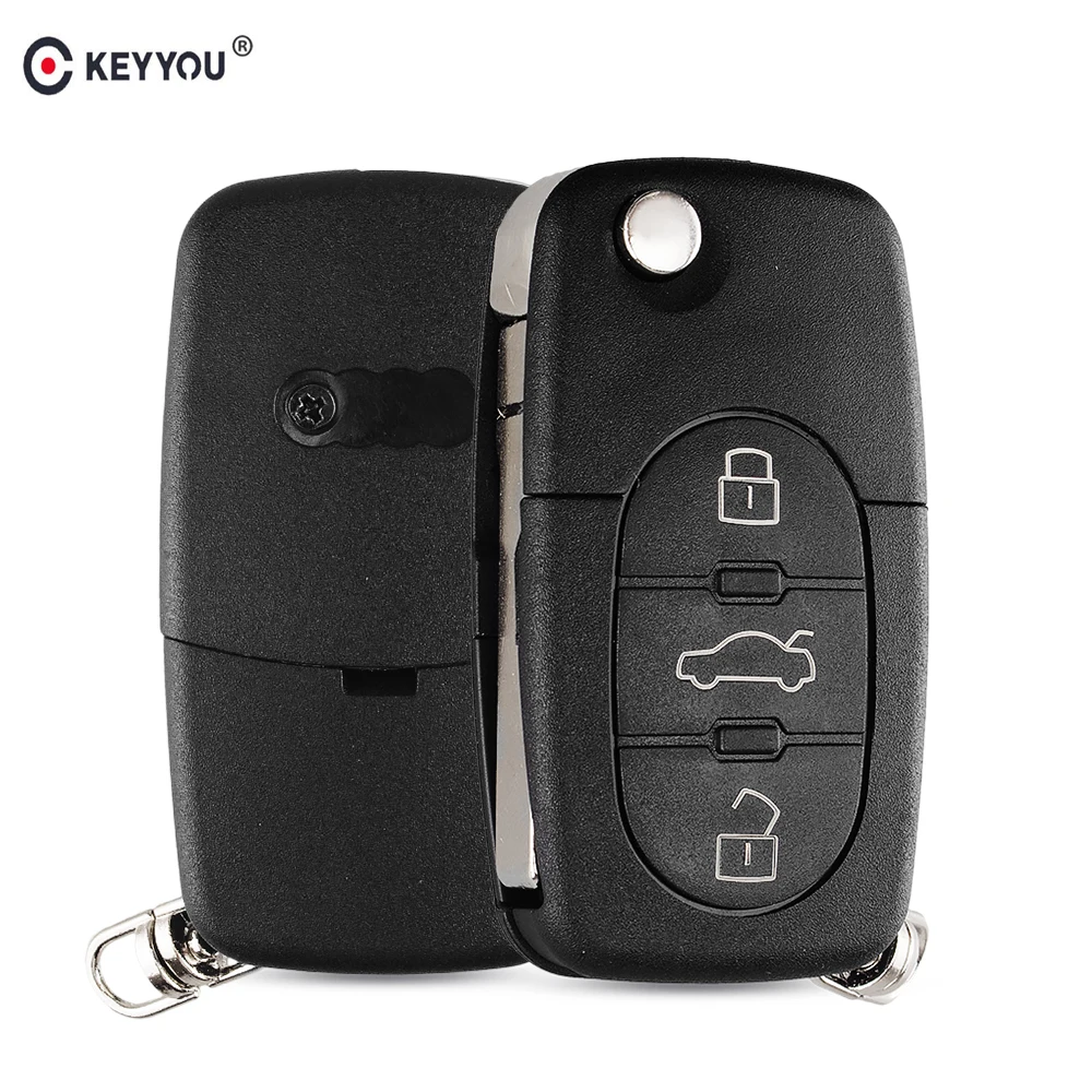 KEYYOU Replacement 3 Buttons Flip Remote Car Key Shell Fob Case With Blade CR1620 For Audi TT A4 A6 A8 Quattro