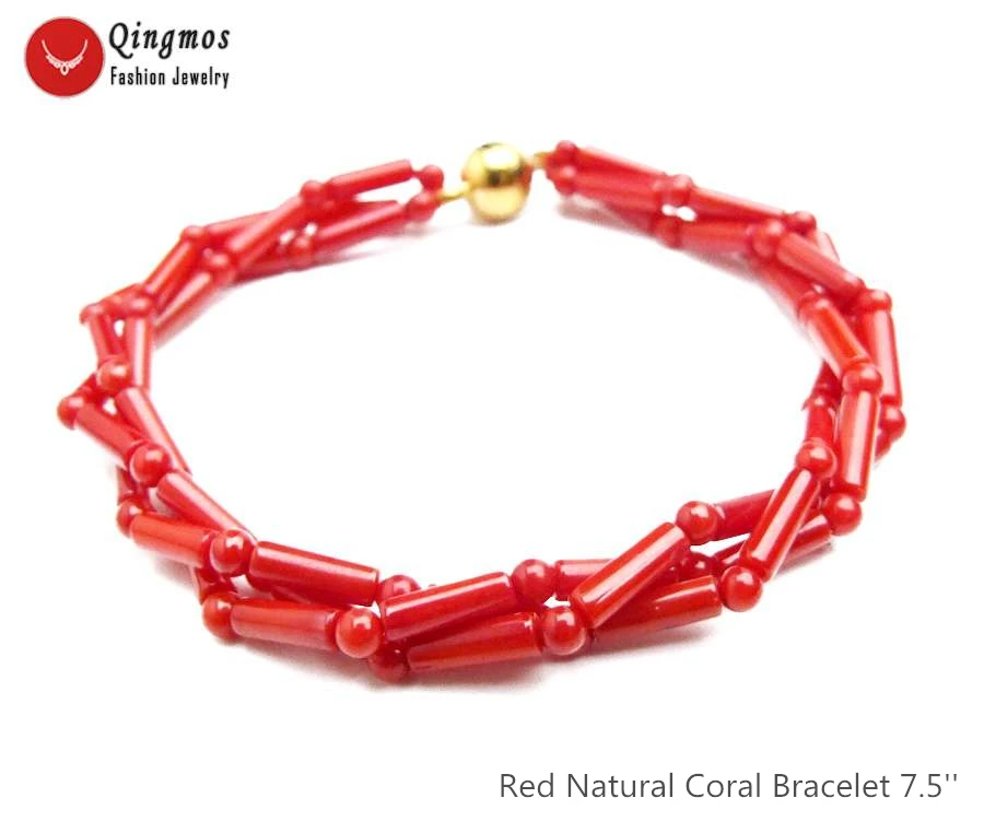 Qingmos Fashion 3*9mm Thick Slice Natural Red Coral Bracelets for Women with 3-4mm Round Coral Bracelet Jewelry 7.5\'\' bra487