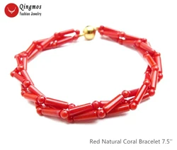 Qingmos Fashion 3*9mm Thick Slice Natural Red Coral Bracelets for Women with 3-4mm Round Coral Bracelet Jewelry 7.5'' bra487