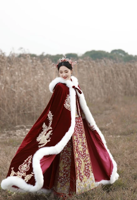 Winter Long Warm Bridal Wrap with Gold Embroidery Dark Red Wedding Cloak Velvet Cape for Bride AliExpress 320