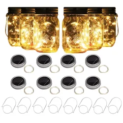 1pcs Solar Mason Jar Light with Handles 20 Led String Fairy Firefly Lights Lids For christmas Patio,Lawn,Garden Decor-No Jars