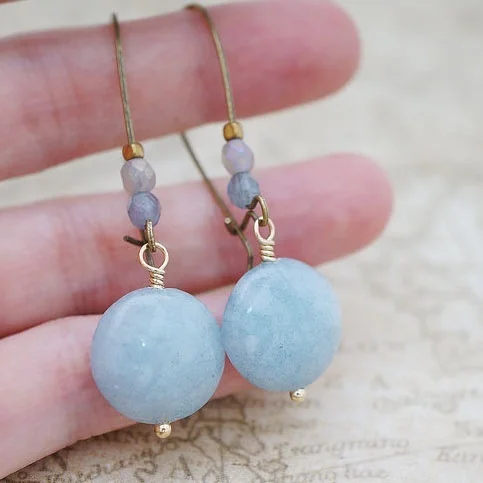 Light Blue Chalcedony Extra Smooth Coin & Periwinkle Rondelles Vintage Gypsy Earrings