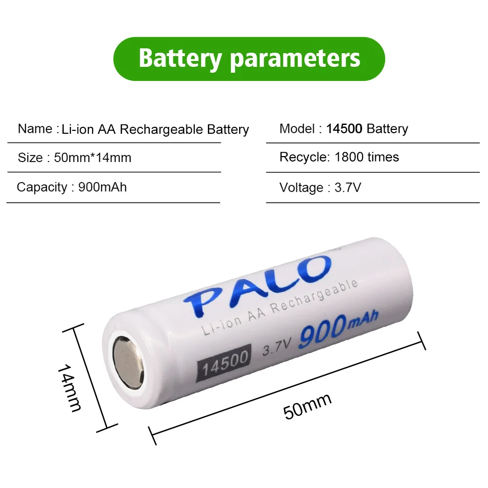 PALO 14500 900mAh 3.7V Li-ion Rechargeable Batteries AA Accumulator Battery 14500 Lithium for Flashlight Headlamp Torch Mouse
