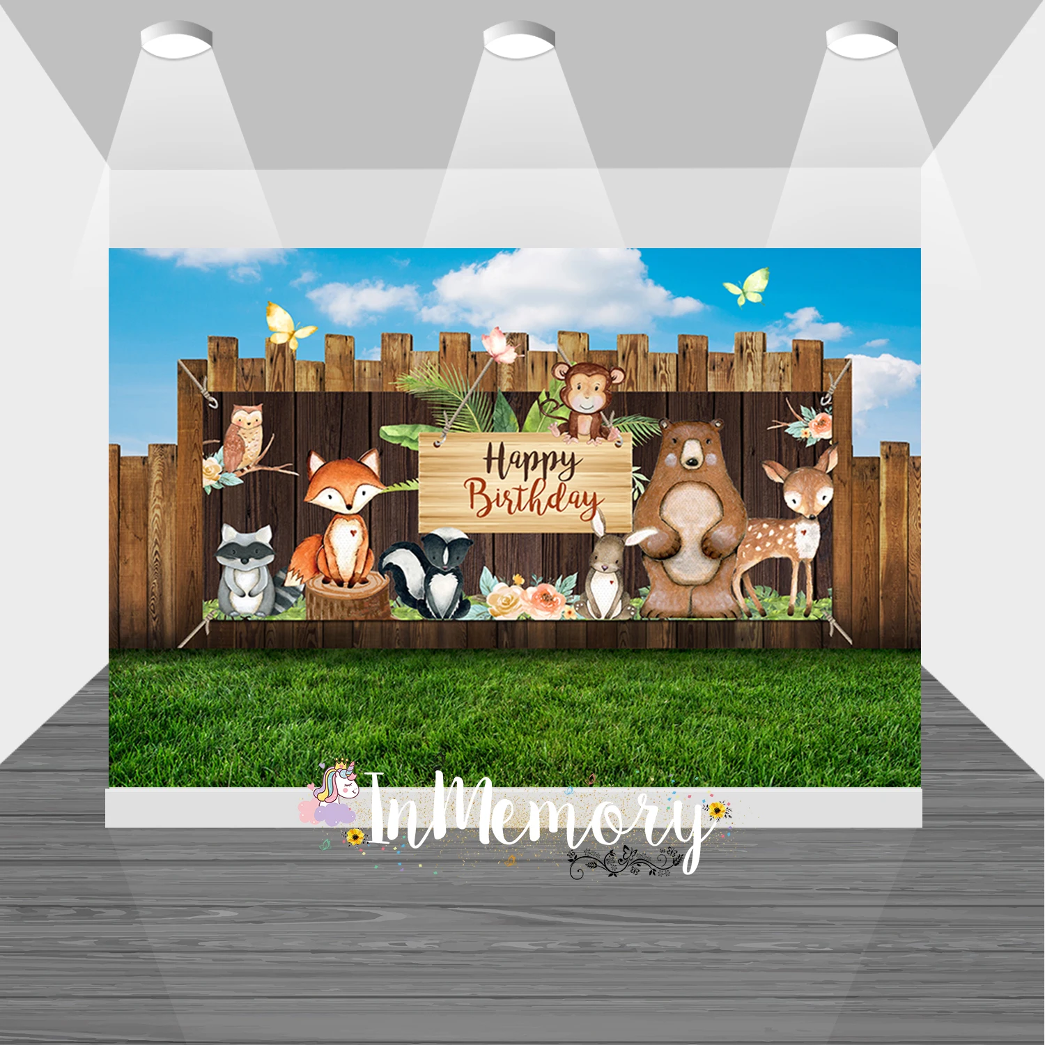 

White Clouds Grassland Baby Shower Woodland Party Photography Background Animals Happy Birthday Photo Backdrops Studio Banner