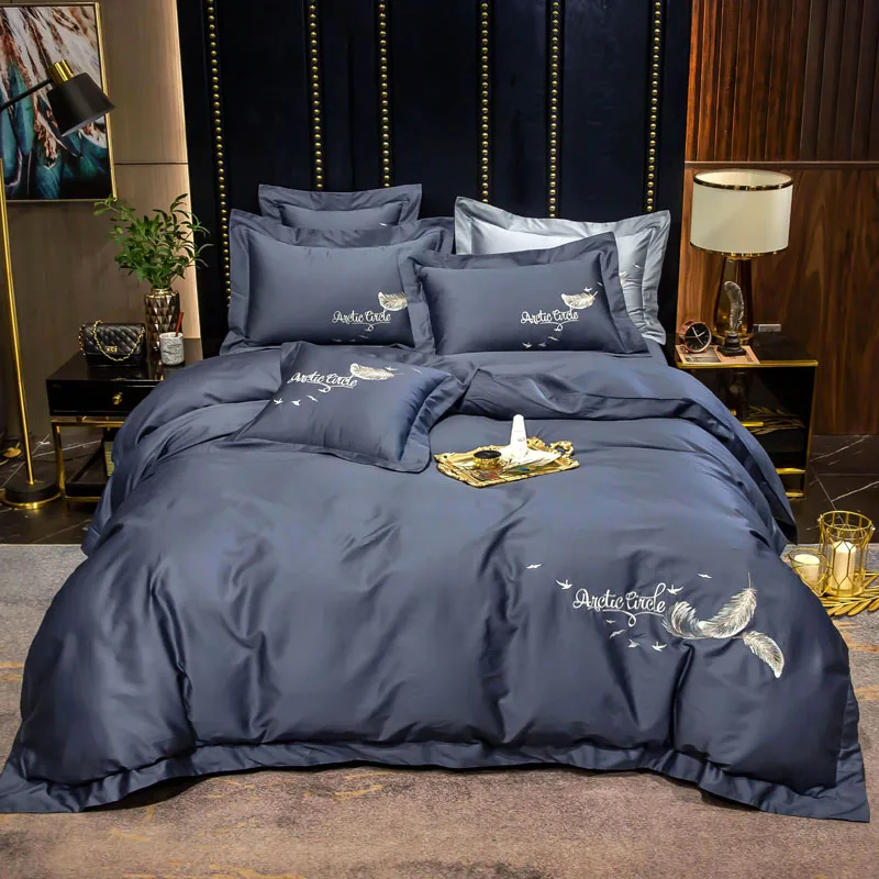 

2021 Four-piece bedding simple cotton double household bed sheet quilt cover embroidered twill comfortable bedding gray color