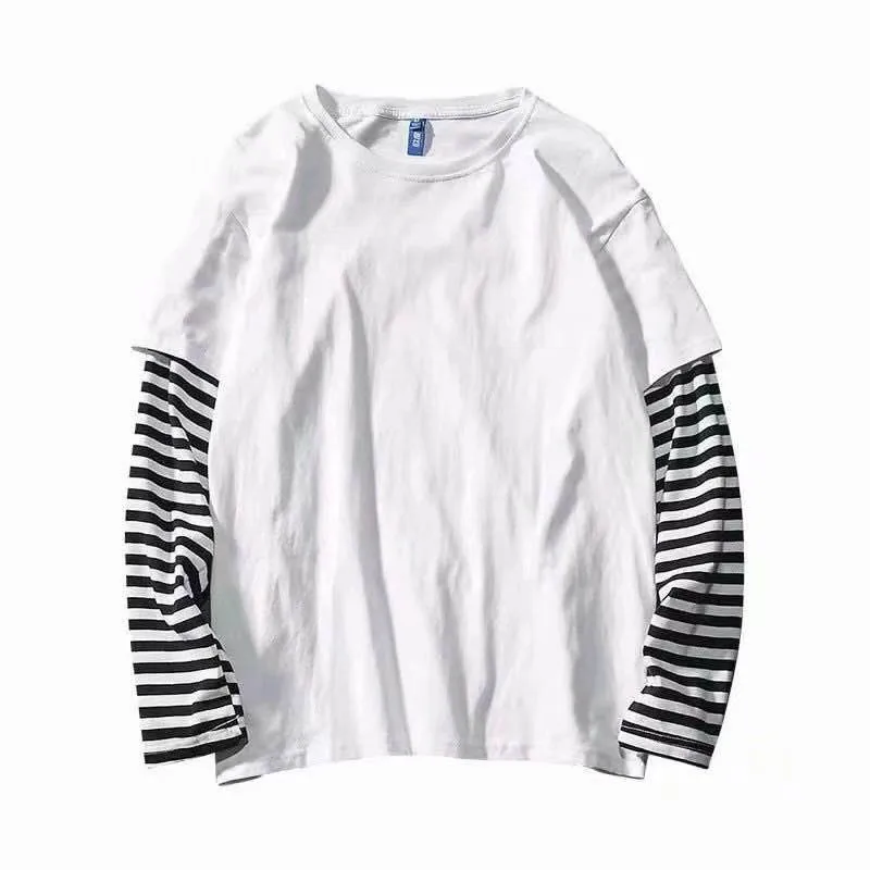 Fake Two Striped Color Matching Stitching Long Sleeve Women  T-shirt 2020 Autumn Winter Hip Hop Style Couple Bottoming Shirt