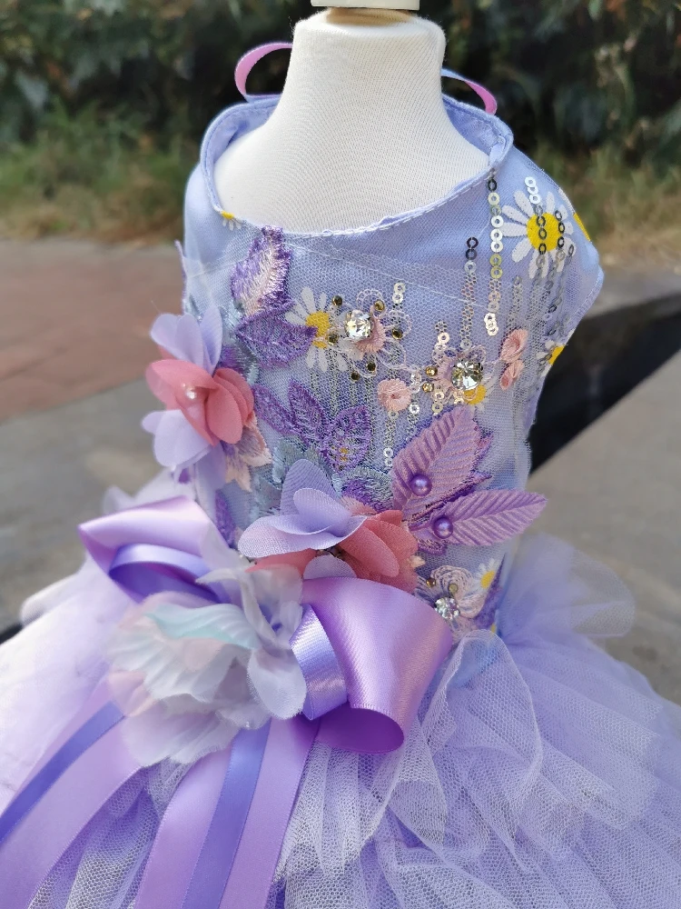 Handmade Unique Luxury Design Dog Clothes Gradient Purple Trailing Pet Dress Wedding Gown Layered Tiered Skirt 3D Trimmings