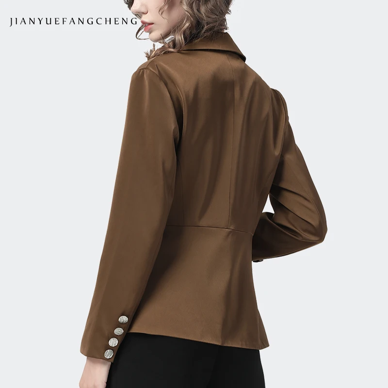 Fashion Suit Collar Flowy Womens Brown Satin Shirt Long Sleeve Outwear Ribbon Design Single Button Tunic Top Autumn New Blouses