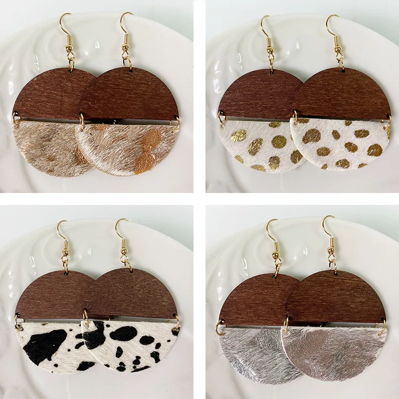 Splicing Wood Genuine Leather Earrings for Women Horse Hair Leopard Cow Color Round Pendant Dangle Texture Jewelry