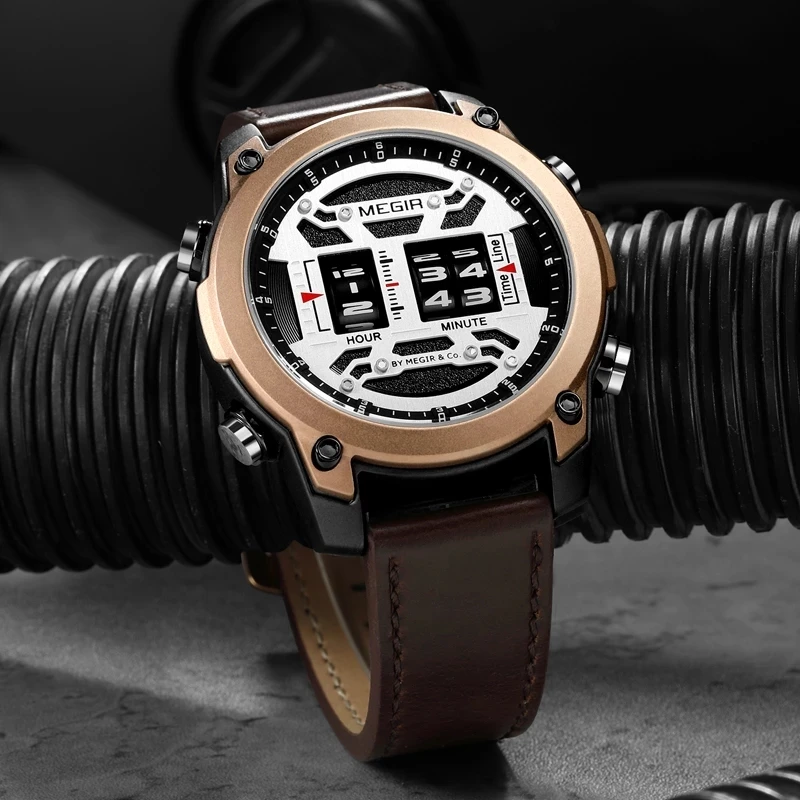 MEGIR Scroll Wheel Design Watches Men Leather Business Sports Watch Fashion Quartz Waterproof Roller Time Display relogio