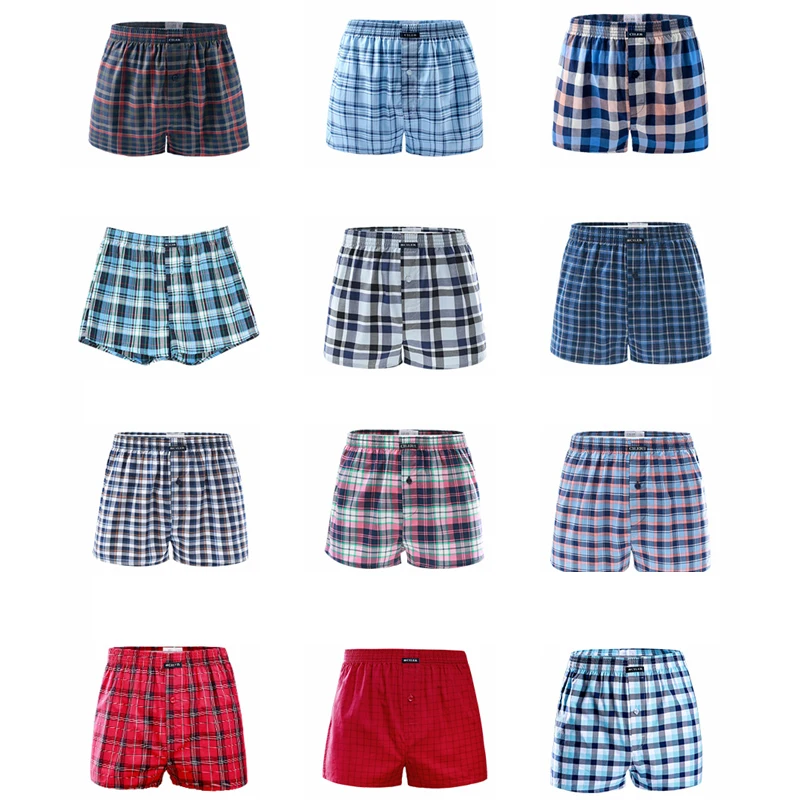 12pcs Classic Plaid Men's Boxers Cotton  Underwear Trunks Woven Homme Arrow Panties Boxer  Elastic Waistband Shorts Loose men