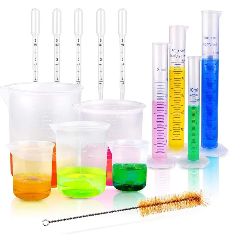 15-Piece Set Plastic Graduated Cylindersand Beakers with5Transfer Pipettes and1Test Tube Brushes, Ideal forDIY and Kids Science