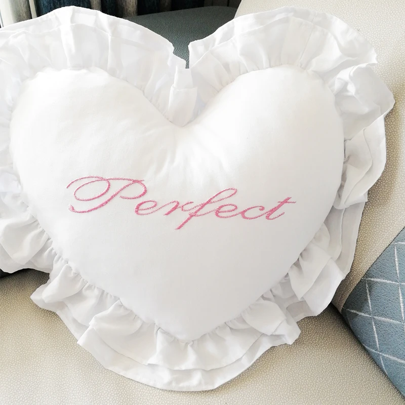 Ruffled Heart-Shaped Cushion Love Embroidery With Core Pillow Cotton Solid Color Sofa Cushion Princess Decorative Throw Pillows