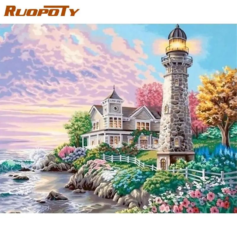 

RUOPOTY DIY Diamond Painting Lighthouse Living Room Wall Decoration Mosaic Landscape Wall Stickers Diamond Art Home Decor Gift