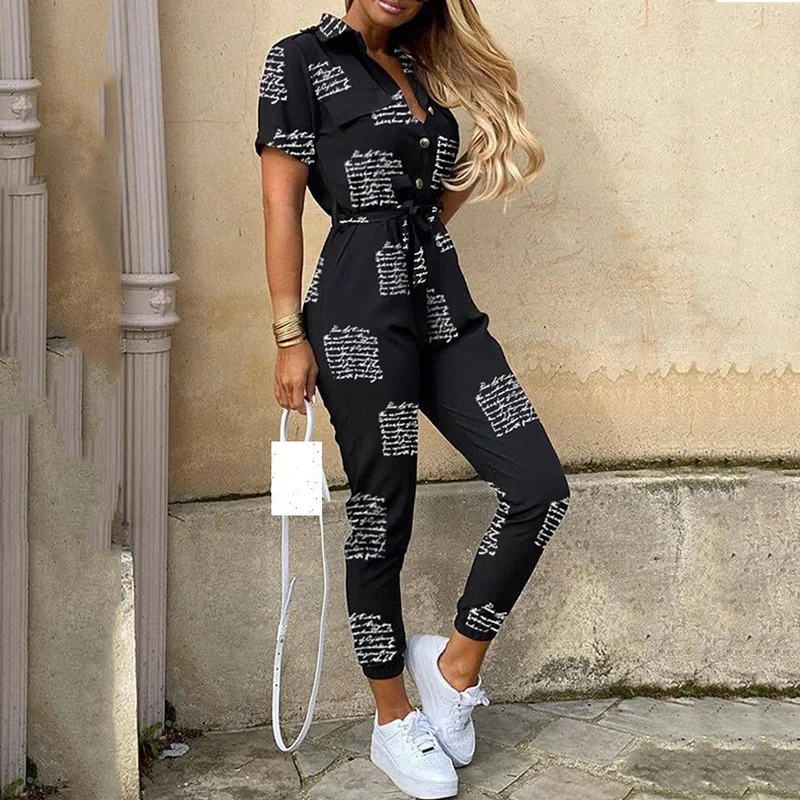 Women Jumpsuits Striped Printed Shorts Sleeve Bodysuits Waistband Streetwear Casual Overalls Catsuits Rompers Cargo Pants 2XL