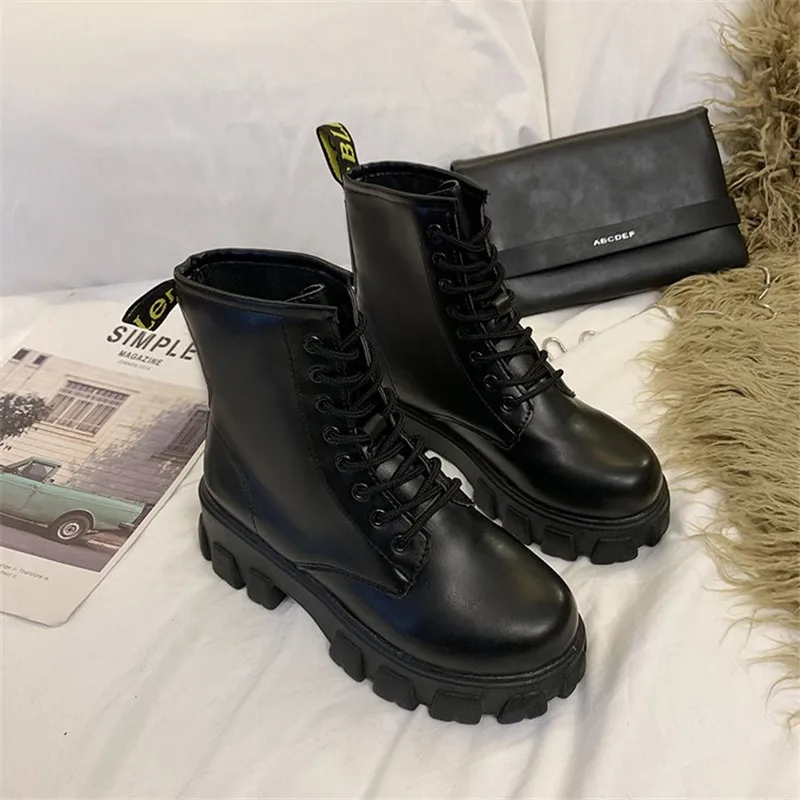 Botas Women Motorcycle Ankle Boots Wedges Female Lace Up Platforms Winter Black Leather Oxford Shoes Woman 2021 Botas Mujer