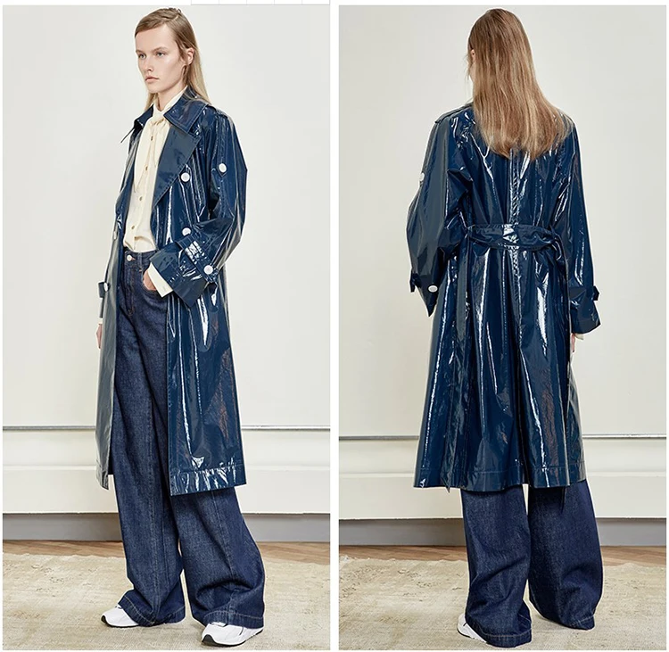 Nerazzurri Spring Autumn Waterproof Long Thin Soft Flowy Shiny Reflective Dark Blue Faux Leather Trench Coat for Women 2025