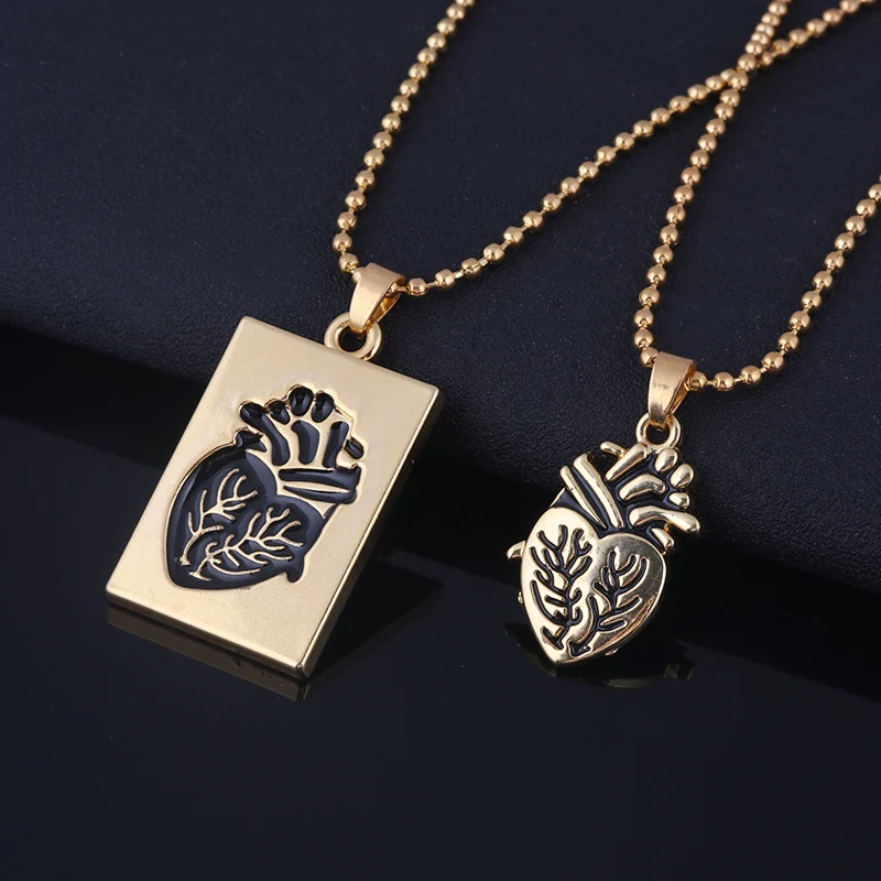 A Pairs Puzzle Couple Necklaces Golden Medical Anatomical Heart Splice Pendant Necklace For Lover Valentine's Day Gift Jewelry