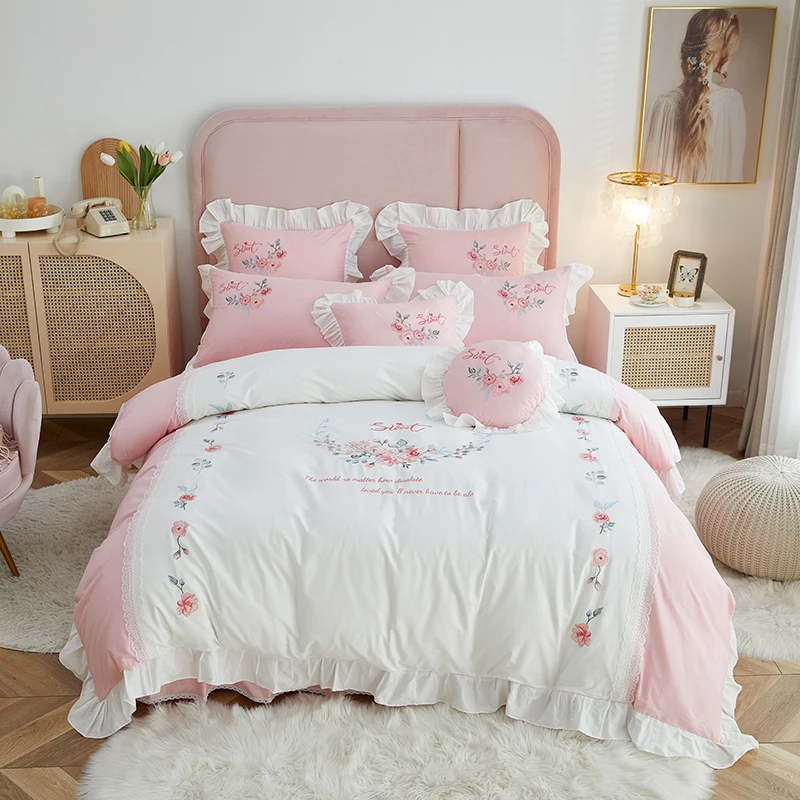 

Pink White Egypt Cotton Lace Princess Bedding Set Korean Rose Flowers Embroidery Duvet Cover Bedspread Bed Sheet Pillowcases