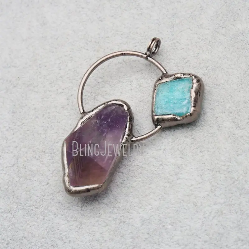 

Rustic Copper Plated Fancy Hopp Pendant Amethyst Amazonite Stone PM36843