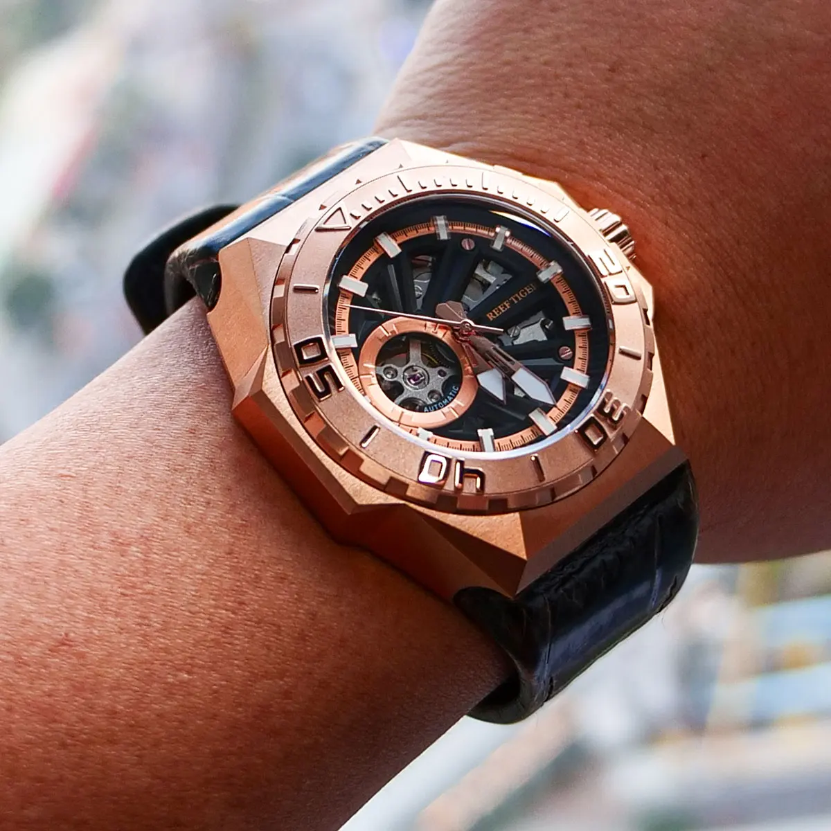 Reef Tiger/RT Luxury Brand Sport Watches Rose Gold Automatic Mechanical Skeleton Military Leather Watch Accessories RGA6903-S