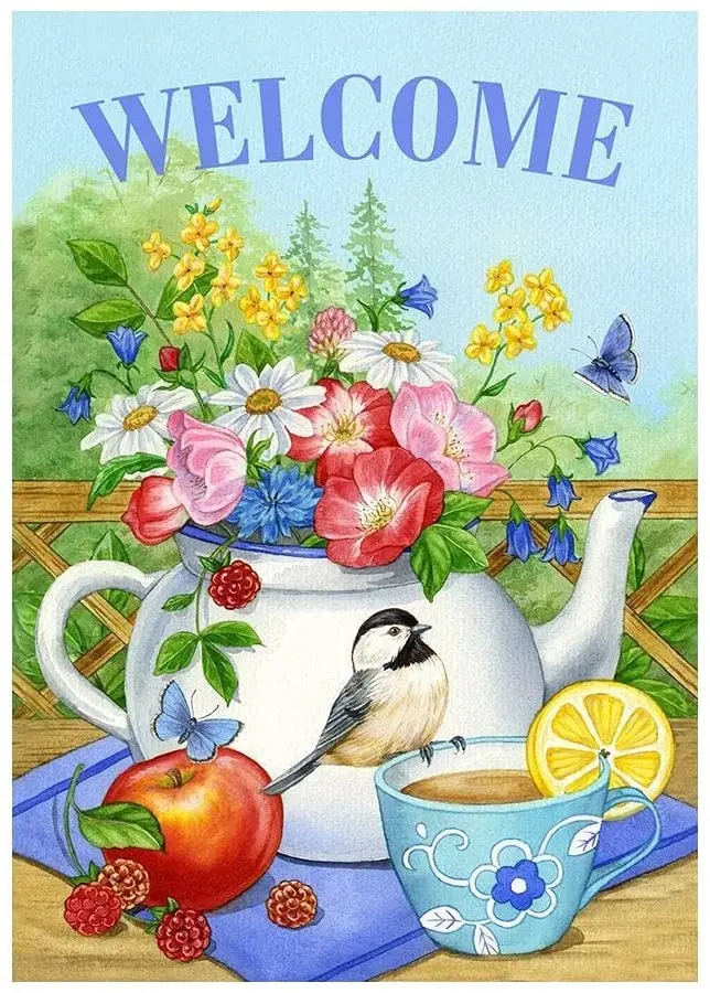 Metal Tin Retro Sign Bird Flower Tea Time Welcome House Garden Yard Decorative Outdoor Indoor Decoration