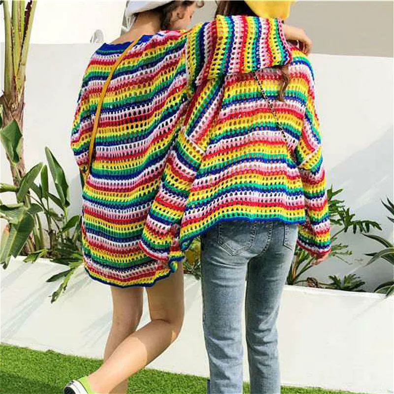 Sweaters Women Chic Rainbow Striped Ulzzang Lovely Trendy Ladies Knitwear Ins Preppy Hollow Out Design Harajuku Friends Sweater