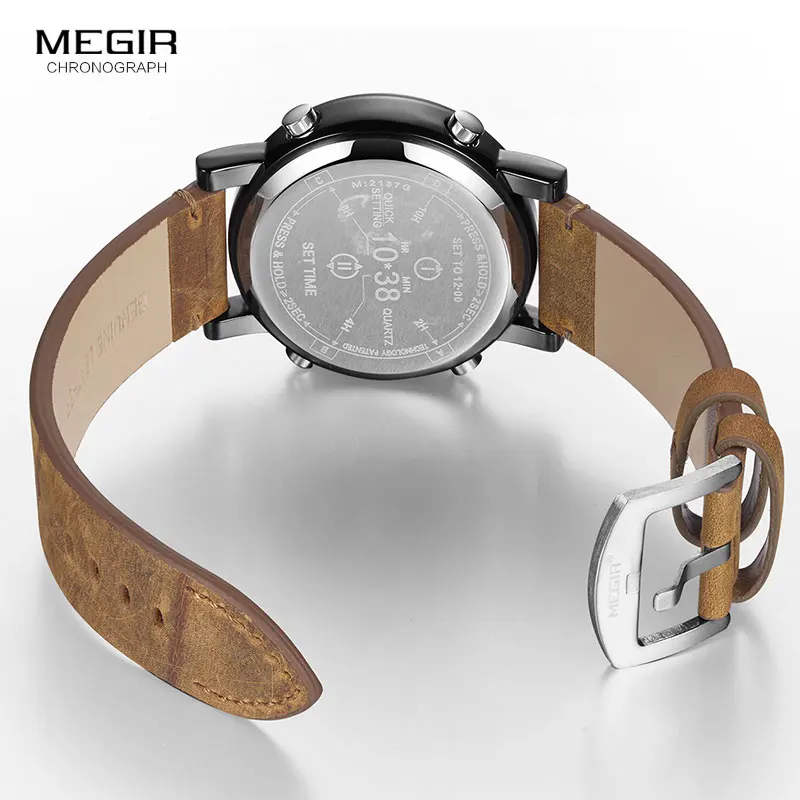 MEGIR Digital Watch Man Luxury Top Brand Quartz Watches Men Leather Relogio Masculino 2019 New Army Drum Roller Wristwatch 2137