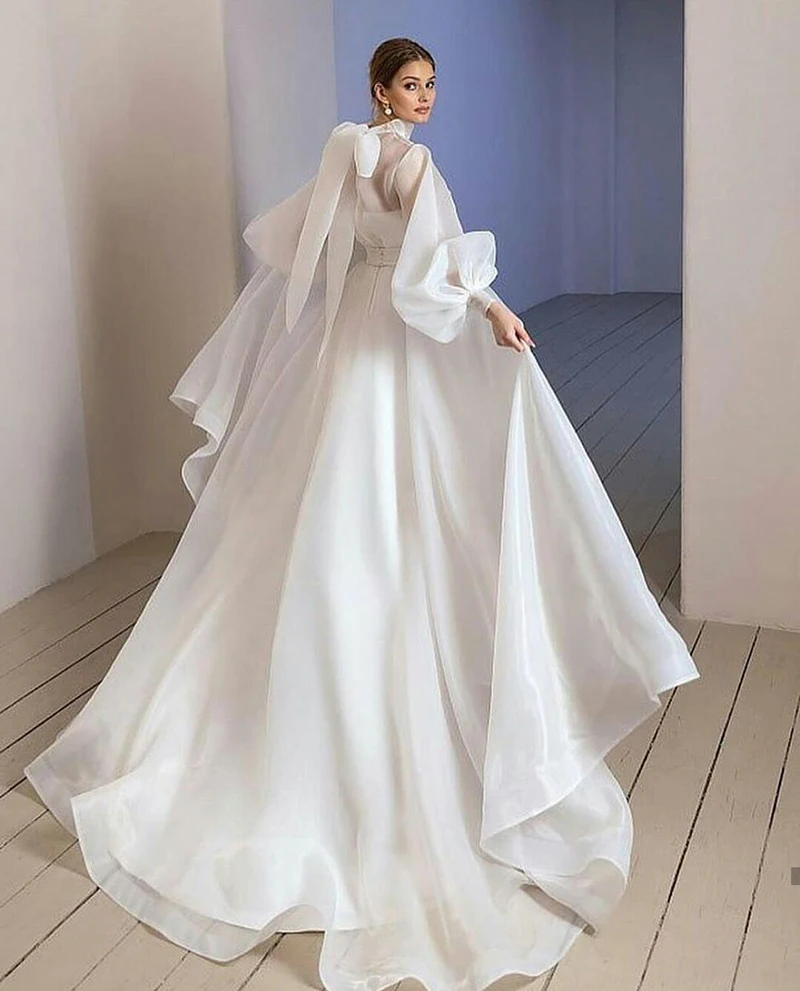 White Organza Prom Dresses Puff Long Sleeves High Neck Arabic Evening Gowns Long Elegant Formal Party Wear Vestidos De Noiva