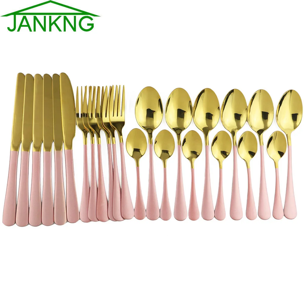 

24Pcs Pink Gold Dinnerware Mirror Cutlery Set Kitchen Knife Spoon Fork Dinner Set 304 Stainless Steel Dinnerware Silverware