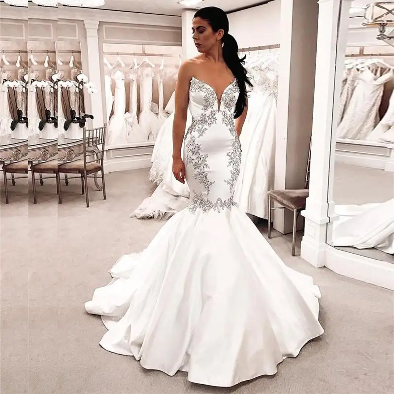 

ANGELSBRIDEP Deep V-Neck Mermaid Wedding Dresses Robe de mariee Fashion Appliques Court Train Formal Wedding Bride Dresses Hot