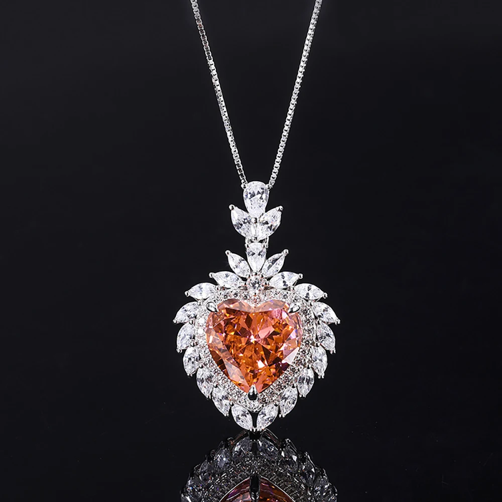 Charms 100% 925 Sterling Silver 15*15mm Heart-Shape Padparadscha High Carbon Diamond Pendant Necklace Ring Jewelry Set for Women